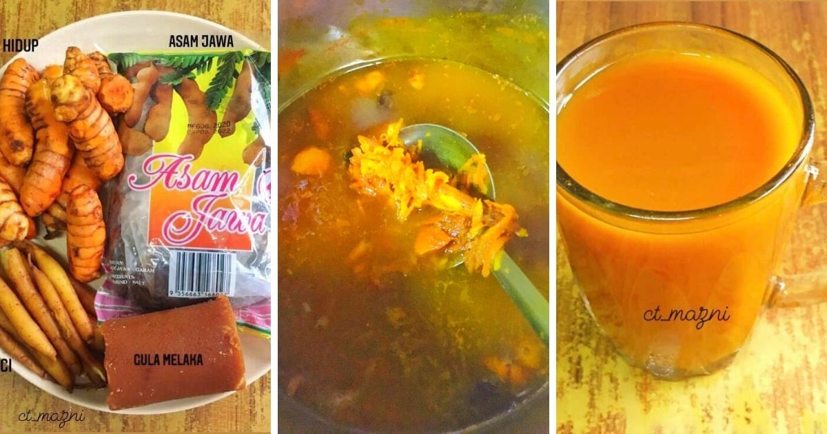 Dewi menyiapkan kunyit asam di dapur